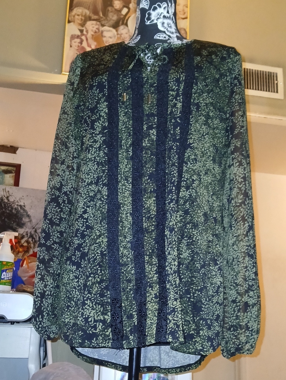 White House Black Market Black and Green Printed Blouse